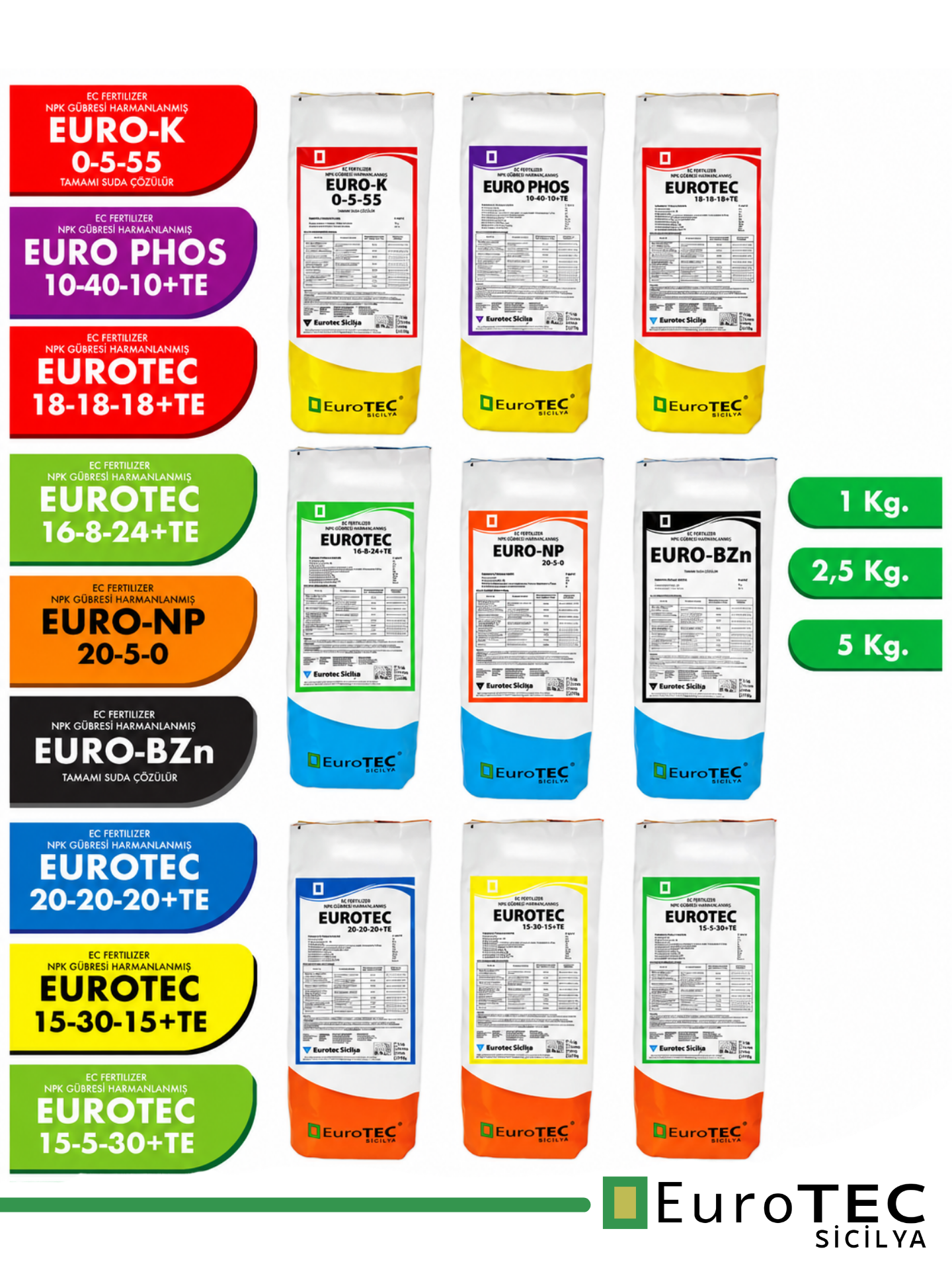 Eurotec Sicilya ürün çeşitleri — 1 kg, 2,5 kg ve 5 kg ambalaj seçenekleri